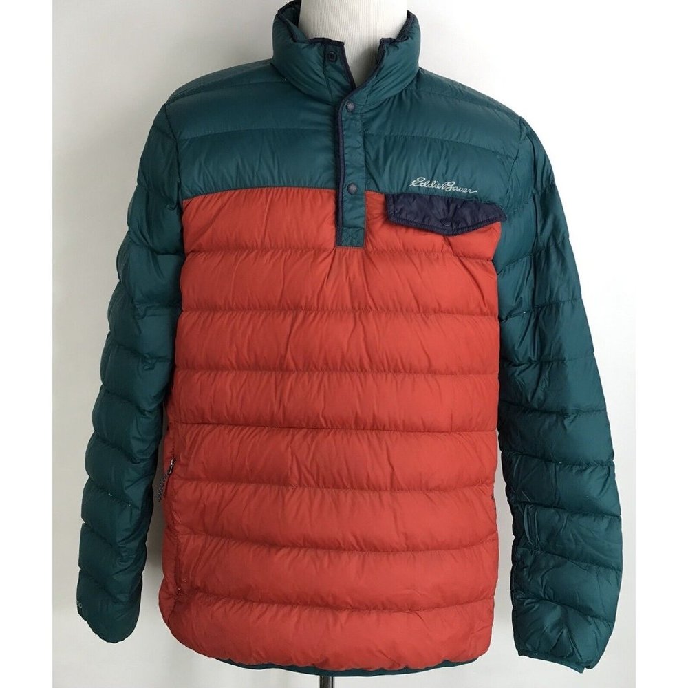 EDDIE BAUER EB650 NYLON 3 SNAP PULLOVER DOWN PUFFER JACKET MENS SZ TL